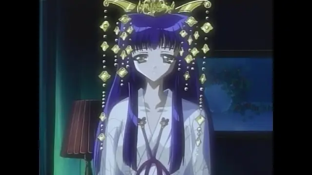 A close-up shot shows a Japanese woman with long purple hair, wearing an ornate gold and gemstone headpiece and a white kimono, looking down with a sorrowful expression. Screenshot from Moonlight Lady - Episode 4