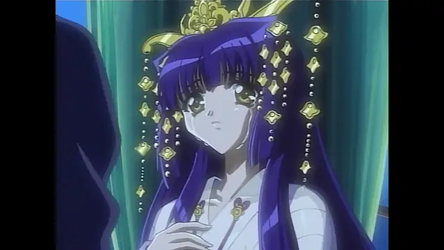 A high-quality anime screenshot features a beautiful purple-haired woman wearing an ornate golden crown and a white dress, looking with wide eyes and a shocked expression at a man standing next to her. Screenshot from Moonlight Lady - Episode 4