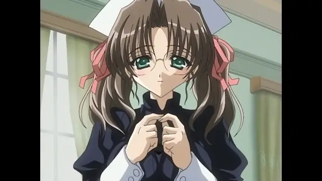 An anime girl with long brown hair and pigtails wearing a black and white maid outfit looks forward with a blank expression, holding her hands together in front of her. Screenshot from Moonlight Lady - Episode 5