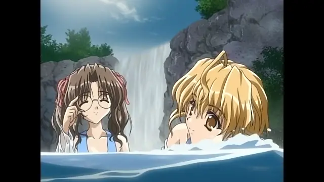 Two girls with brown and blonde hair bathe together in a hot spring with a waterfall in the background. Screenshot from Moonlight Lady - Episode 5