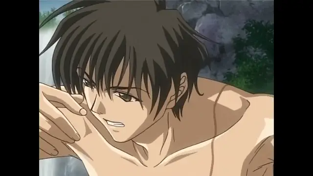 A shirtless anime man with spiky black hair and a determined expression sits outdoors near a waterfall, resting his head on his hand. Screenshot from Moonlight Lady - Episode 5