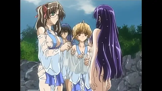 Four anime girls are standing outdoors near a rocky beach, with one tall girl in a white and blue outfit holding a sheer garment for the other three girls, who are partially undressed. Screenshot from Moonlight Lady - Episode 5