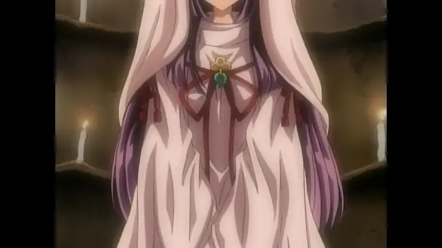 A long-haired anime woman in a white and purple priestess outfit stands in a dark room lit by candles. Screenshot from Moonlight Lady - Episode 5