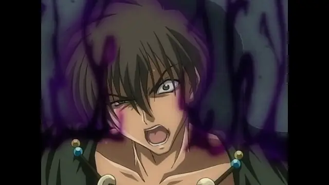 An anime man with brown hair and wide eyes looks shocked as purple energy flows around him. Screenshot from Moonlight Lady - Episode 5