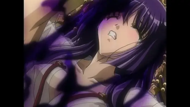 A purple-haired anime woman with a blushing face and open mouth lies back with her eyes closed and expression of pleasure, partially obscured by black smoke. Screenshot from Moonlight Lady - Episode 5