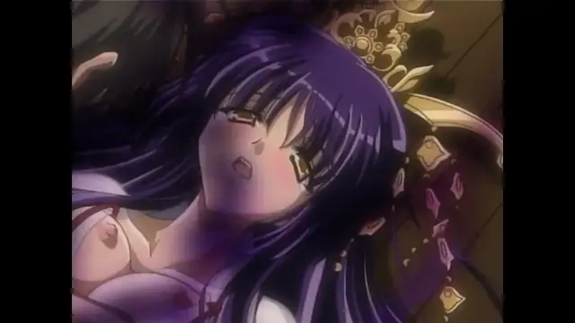 An anime woman with long purple hair and a white outfit lies back with an ecstatic expression on a gold-decorated bed, appearing to be being fucked from behind by a man. Screenshot from Moonlight Lady - Episode 5