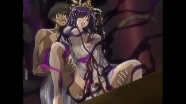 A muscular man with short dark hair stands behind a crown-wearing woman in a white dress, holding her waist while they are positioned on a dark surface amidst purple smoke. Screenshot from Moonlight Lady - Episode 5