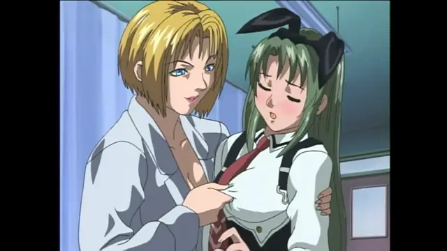 A blonde-haired woman in a light-blue shirt stands behind a blushing schoolgirl with green hair, holding her and pressing her hand against her chest. Screenshot from Bible Black - Episode 1