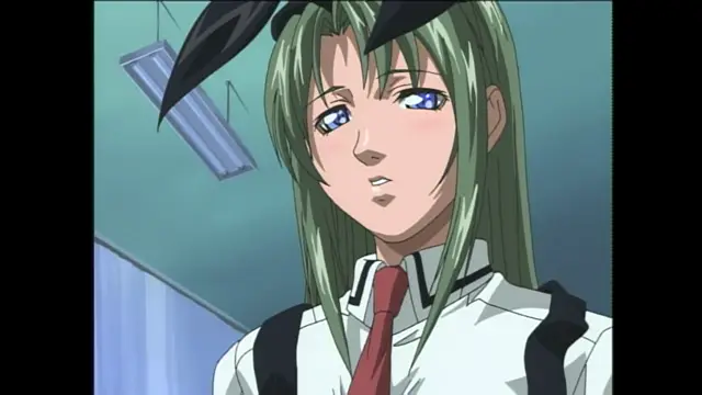 A female anime character with long green hair and a school uniform looks towards the viewer with a dazed expression while wearing black bunny ears. Screenshot from Bible Black - Episode 1