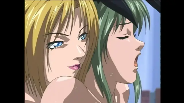 A blonde woman looks toward a green-haired woman with her eyes half-closed and her mouth open in a state of arousal. Screenshot from Bible Black - Episode 1