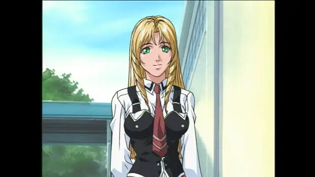 A blonde woman in a school uniform with a red tie and black vest stands in front of a window. Screenshot from Bible Black - Episode 1
