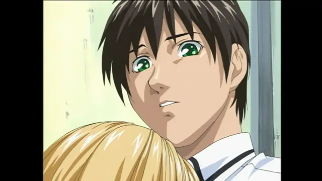 A brown-haired male anime character with green eyes leans in close to a blonde character's head while wearing a school uniform. Screenshot from Bible Black - Episode 1