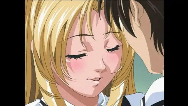 A blonde anime girl with blushing cheeks and closed eyes smiles contentedly as a dark-haired man leans in close to her face. Screenshot from Bible Black - Episode 1