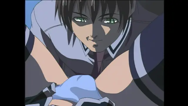 An anime-style girl with dark hair and green eyes looks down with a smirking expression at another woman whose face is obscured by her hands. Screenshot from Bible Black - Episode 1