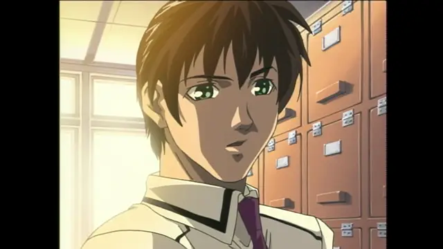 A high school boy with brown hair and green eyes stands in a classroom with lockers in the background, looking towards the viewer. Screenshot from Bible Black - Episode 1