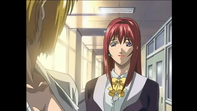 A high school girl with red hair and a school uniform stands in a hallway, looking at a blonde-haired boy from the side. Screenshot from Bible Black - Episode 1