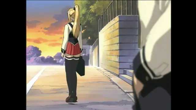 A blonde girl in a school uniform with a black bag over her shoulder walks away down a path at sunset, while a close-up of a man's shoulder and back is visible in the foreground. Screenshot from Bible Black - Episode 1
