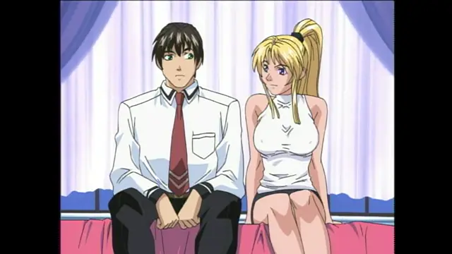 A young man in a white dress shirt and tie sits on a bed next to a blonde woman in a tight white outfit, both looking somber in an anime scene. Screenshot from Bible Black - Episode 1