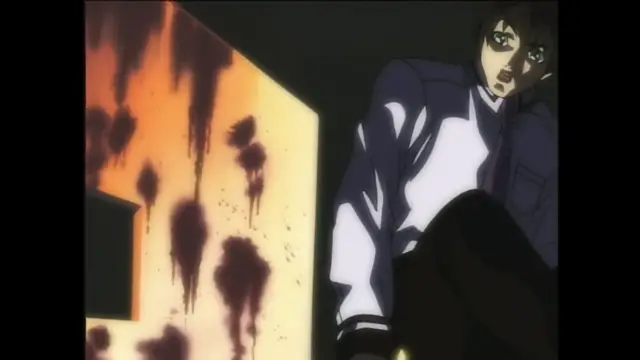 A distressed-looking man with dark hair and green eyes sits slumped in a dark room, staring at a wall covered in large, dripping blood splatters. Screenshot from Bible Black - Episode 1