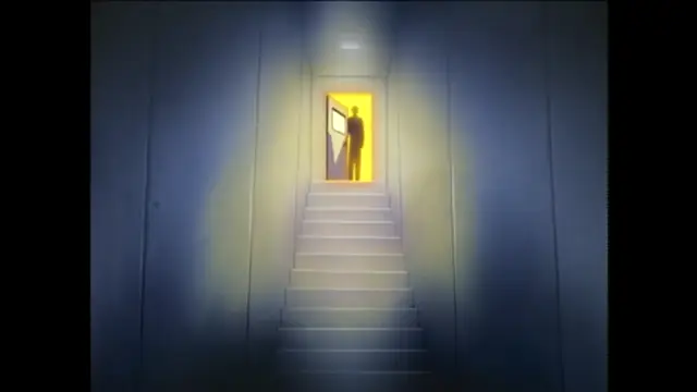 A silhouette of a person stands in a brightly lit doorway at the top of a dimly lit staircase in a hallway. Screenshot from Bible Black - Episode 2