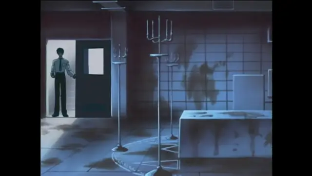 A man in a shirt and pants stands in a doorway looking into a dark room filled with multiple lit candelabras, an altar, and blood splatters on the walls. Screenshot from Bible Black - Episode 2