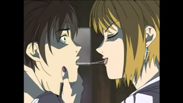 A male anime character and a female anime character face each other closely with their mouths open and tongues extended towards one another as if about to engage in a French kiss. Screenshot from Bible Black - Episode 2