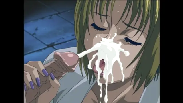 A woman with short blonde hair and purple nail polish looks down with closed eyes as a large erect penis drips thick white semen onto her face and into her open mouth. Screenshot from Bible Black - Episode 2