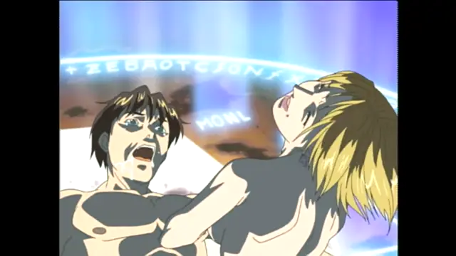 In a bright, glowing arena, a shirtless man with brown hair and a wide-eyed, shocked expression looks down at a blonde man with his head thrown back and his mouth open in a moan. Screenshot from Bible Black - Episode 2