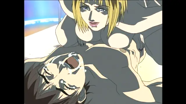 A blonde woman with large breasts and a smiling expression leans over a man lying on his back with his mouth open, while both are on a beach in this adult animation scene. Screenshot from Bible Black - Episode 2