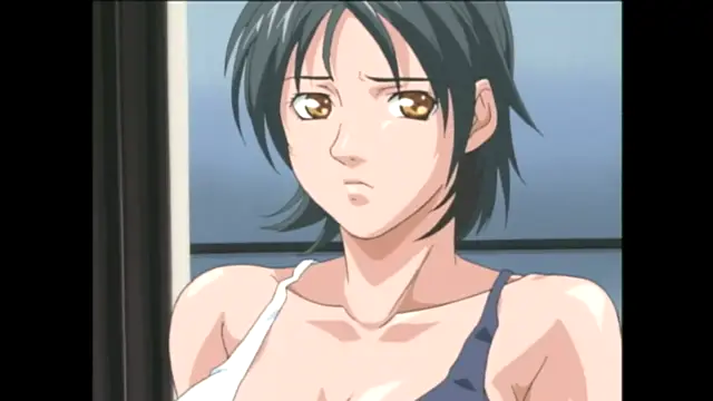 A girl with short black hair and a concerned expression wears a white and blue bikini top while looking toward the viewer. Screenshot from Bible Black - Episode 2