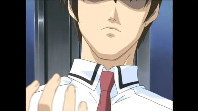 A young man with dark hair and a serious expression wears a white school uniform with a red tie while standing in front of a blue background. Screenshot from Bible Black - Episode 2