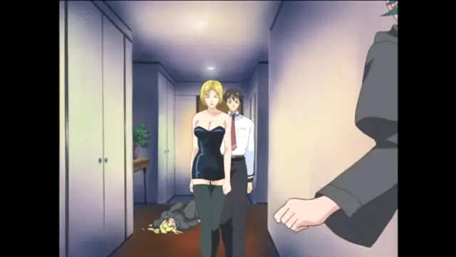 In a dimly lit hallway, a woman in a black dress and a man in a suit walk toward the viewer while a person lies face down on the floor behind them. Screenshot from Bible Black - Episode 2