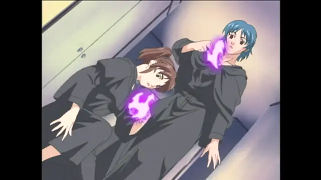 A woman with blue hair and a man in dark robes are shown in a dimly lit room, with glowing purple energy effects appearing on their torsos. Screenshot from Bible Black - Episode 2