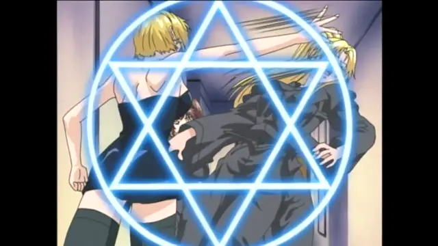 A blonde woman in a black dress is being bent over a table and fucked by a man in a black suit, with a blue glowing hexagram overlaying the scene. Screenshot from Bible Black - Episode 2