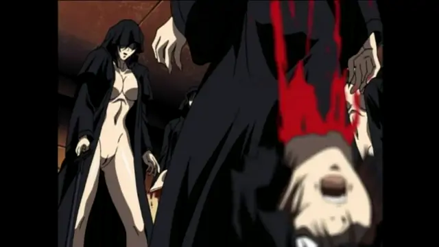 A pale woman in a black cloak stands in a dark room while a headless man with a bloody neck stump lies on the floor in the foreground. Screenshot from Bible Black - Episode 3