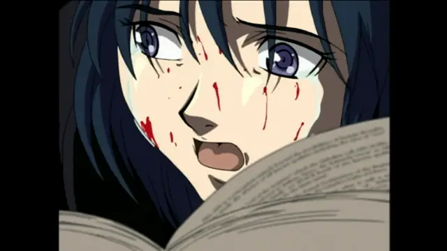 A close-up anime frame shows a blue-haired girl with wide, crying eyes and blood splattered across her face as she looks down at an open book. Screenshot from Bible Black - Episode 3