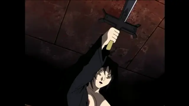 A woman in a dark robe holds a large sword above her head while her chest is exposed in this anime scene. Screenshot from Bible Black - Episode 3