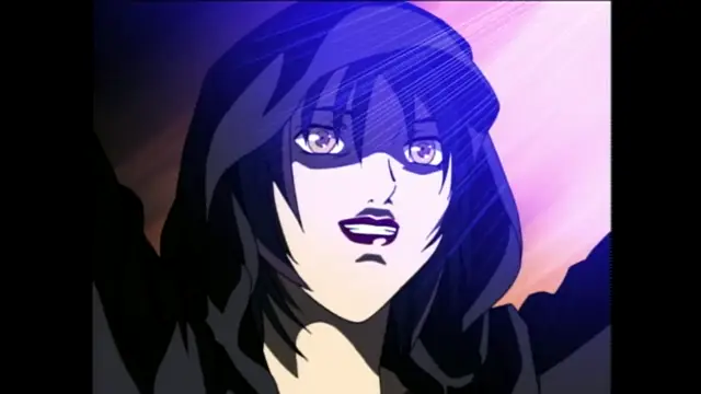A close-up shot of a woman with long purple hair wearing a blue hoodie and a shocked expression with wide eyes and a small open mouth. Screenshot from Bible Black - Episode 3