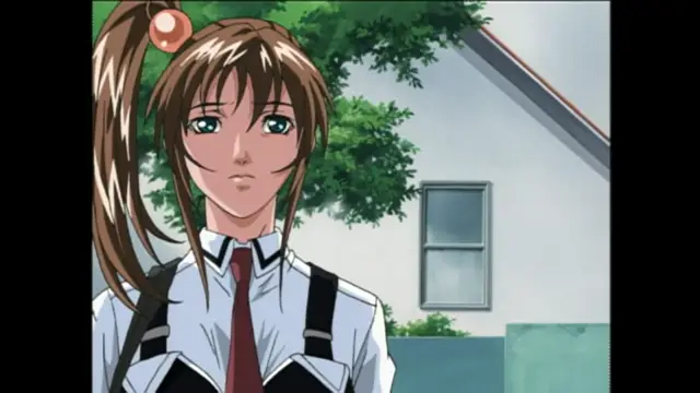 A brown-haired anime girl in a school uniform with a red tie and black suspenders looks ahead with a neutral expression. Screenshot from Bible Black - Episode 3