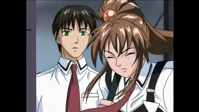 A male student with black hair and green eyes looks on with a neutral expression as a girl with brown hair in a ponytail and school uniform leans toward him, appearing annoyed or pouting. Screenshot from Bible Black - Episode 3