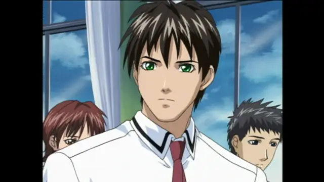 A young man with brown hair and green eyes in a white school uniform stands in the foreground with a serious expression, while two other students stand behind him in a classroom. Screenshot from Bible Black - Episode 3
