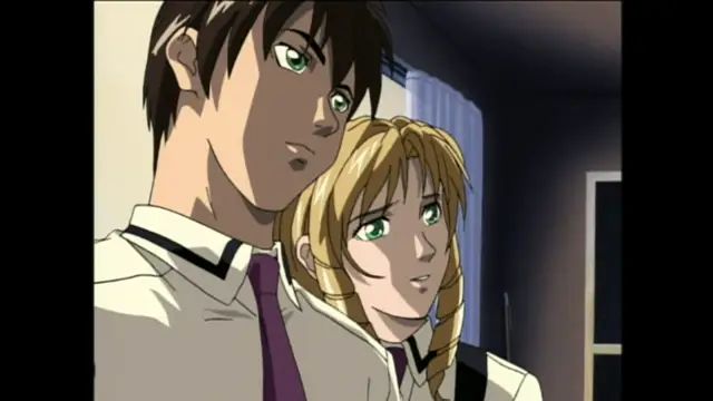 A brown-haired man with green eyes and a blonde woman with green eyes stand close together in school uniforms against a dimly lit indoor background. Screenshot from Bible Black - Episode 3
