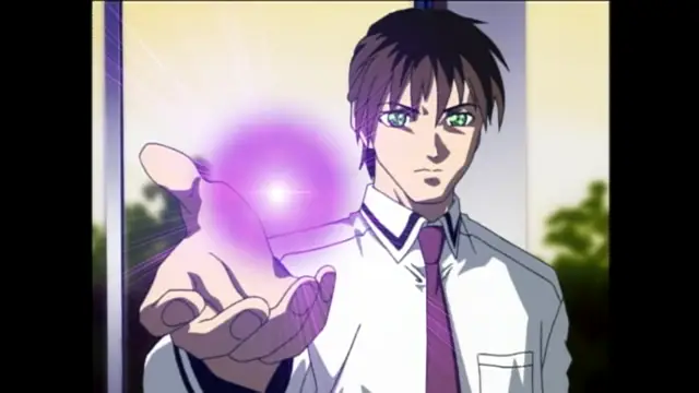 A male anime character with purple hair and green eyes wears a school uniform and extends his hand forward, manifesting a glowing purple orb of energy in front of him. Screenshot from Bible Black - Episode 3