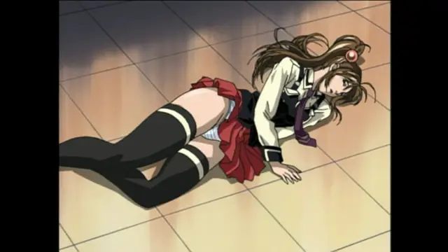 A schoolgirl with long brown hair and a red ribbon is lying on her side on a tiled floor, wearing a white school uniform with a red skirt and black thigh-high socks that leave her panties visible. Screenshot from Bible Black - Episode 3