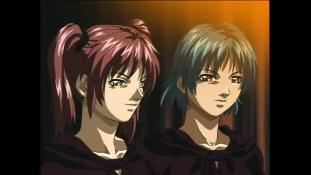 Two anime characters with long hair and dark hooded cloaks stand side by side against a golden-yellow background, smiling subtly at the viewer. Screenshot from Bible Black - Episode 4