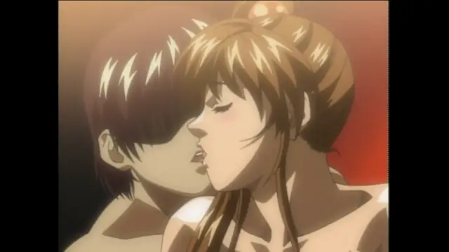 A high-quality anime scene depicts a brown-haired man and woman in a close, intimate embrace as they share a passionate kiss. Screenshot from Bible Black - Episode 4