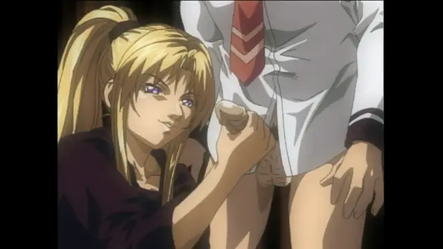 A blonde anime girl with purple eyes and a high ponytail looks at a male character in a school uniform who has his pants down, revealing his erect penis. Screenshot from Bible Black - Episode 4