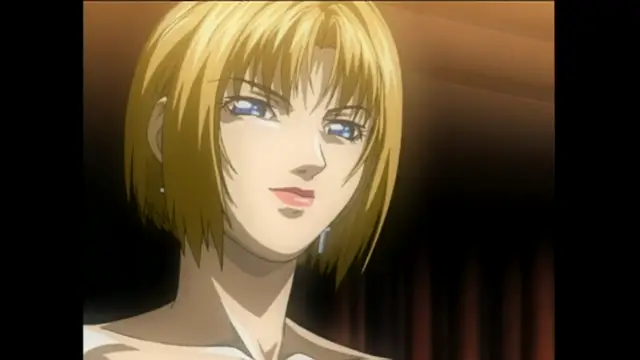 A blonde anime woman with blue eyes and a slight smile gazes at the viewer in a close-up shot. Screenshot from Bible Black - Episode 4