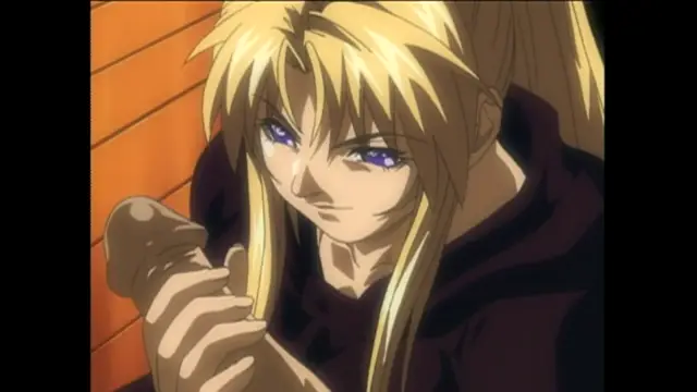 A blonde woman with long hair and purple eyes wears a dark hoodie and holds a large dildus or penis-shaped object. Screenshot from Bible Black - Episode 4
