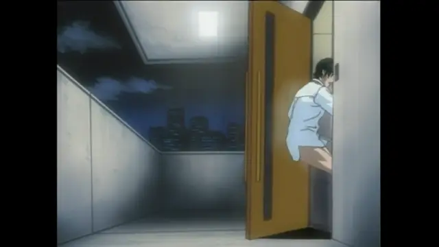 A man in a white shirt and shorts peeks out from behind a door into a dimly lit hallway overlooking a city at night. Screenshot from Bible Black - Episode 4